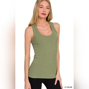 #1412 Zenana Ribbed Scoop Neck Tank Top (Lt Olive)